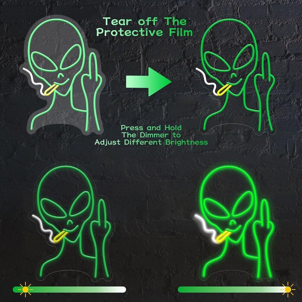 Green Alien Neon LED Sign Dimmable Wall Decor for Bedroom Man Cave Kids Birthday - Picture 7 of 7